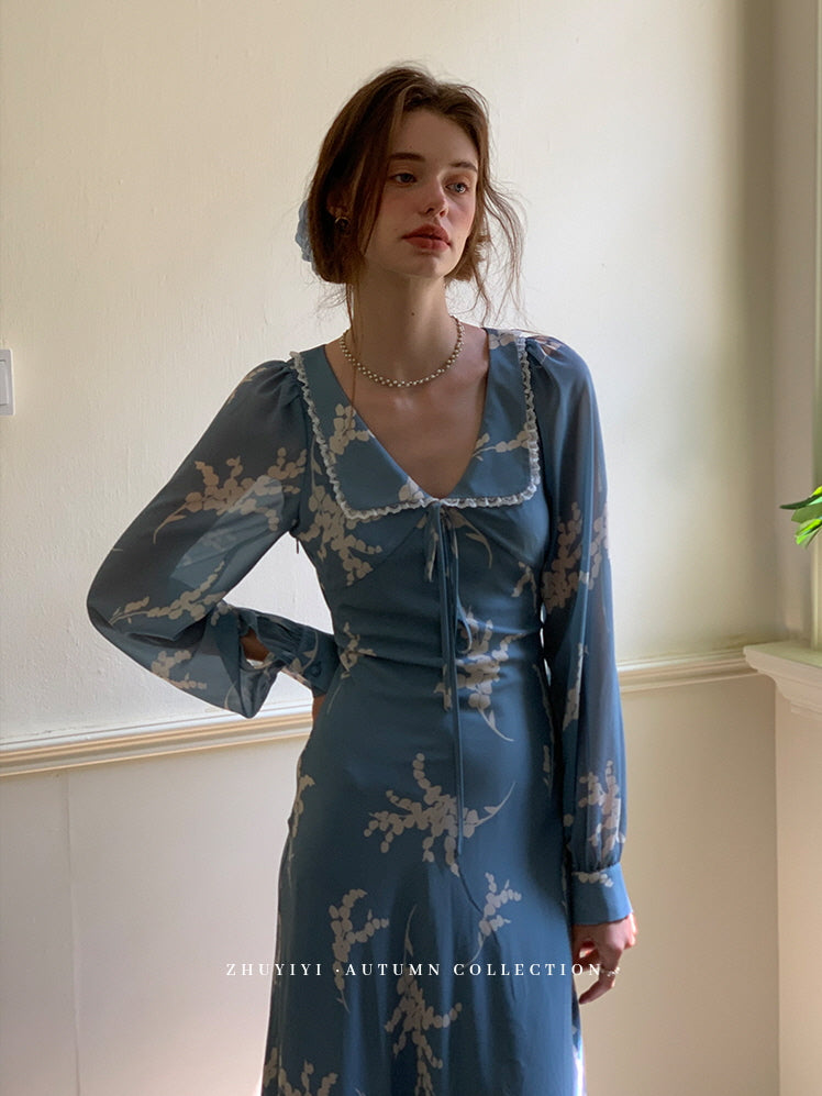 Blue Floral Retro Maxi Dress