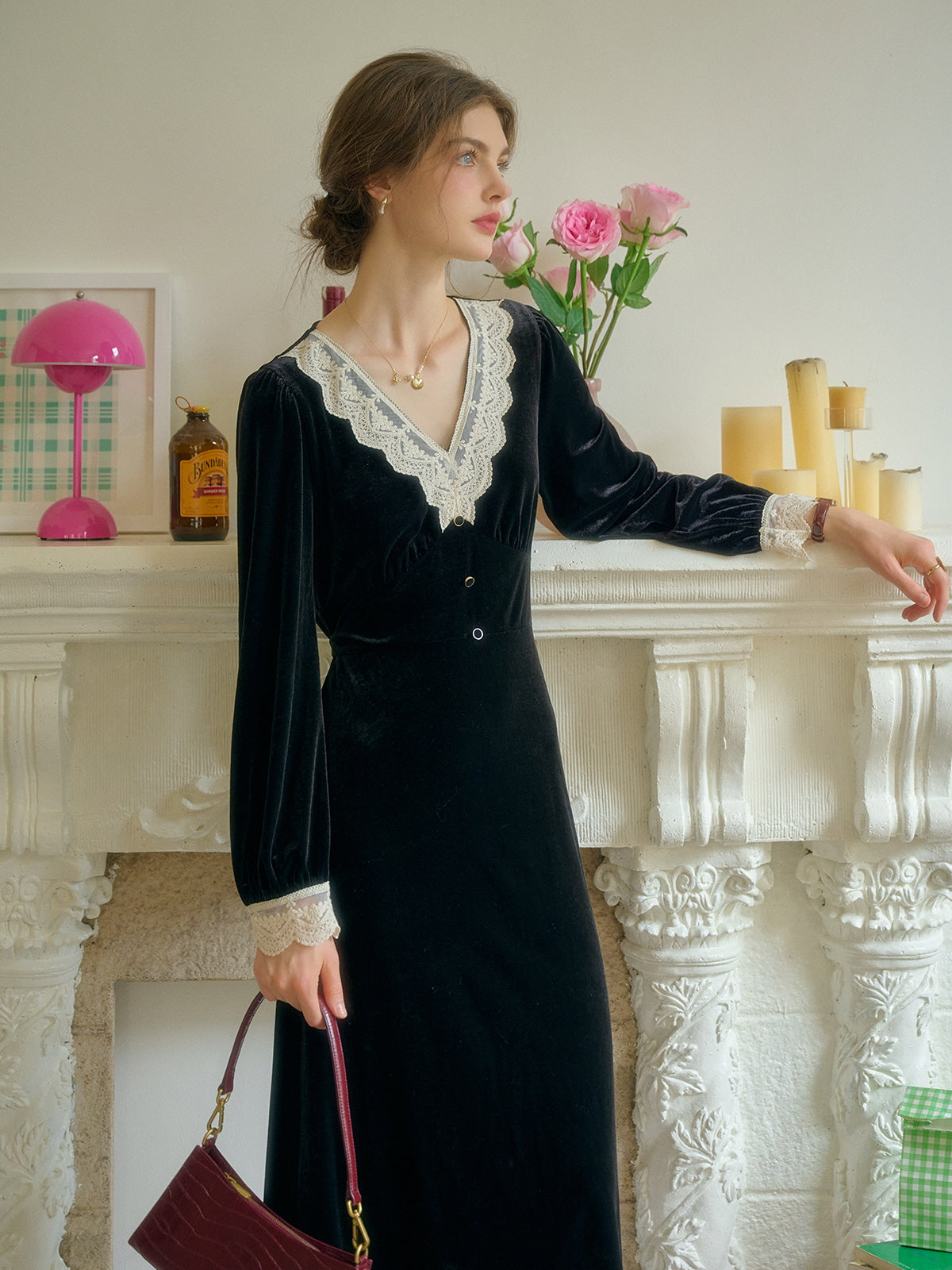 Lace Trim Vintage Velvet Elegance Dress