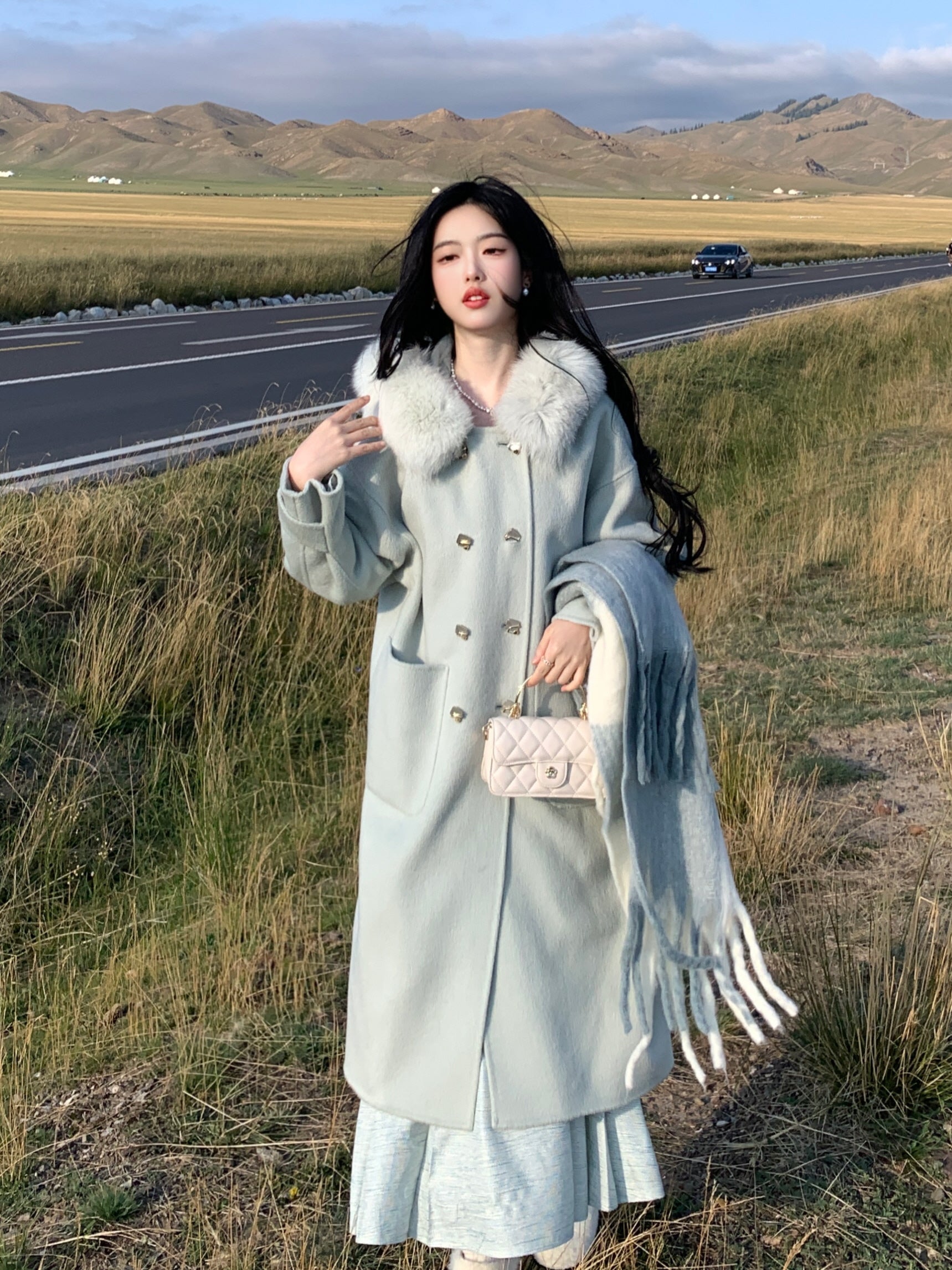 Fur Collar Wool Double-Breasted Coat