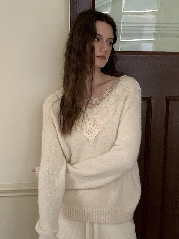 Lace Trim Cozy Wool Blend Sweater