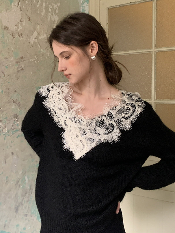 Lace Trim Cozy Wool Blend Sweater