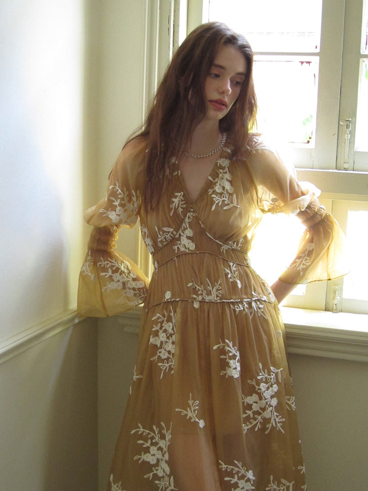 Golden Bloom Embroidered Sheer Dress