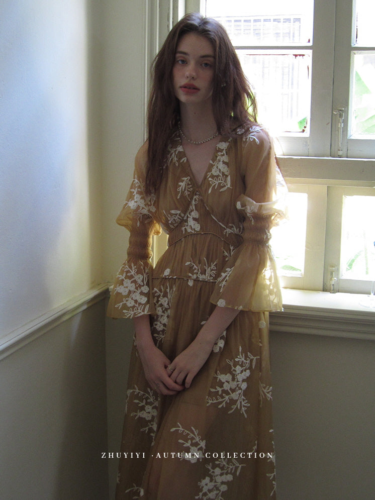 Golden Bloom Embroidered Sheer Dress