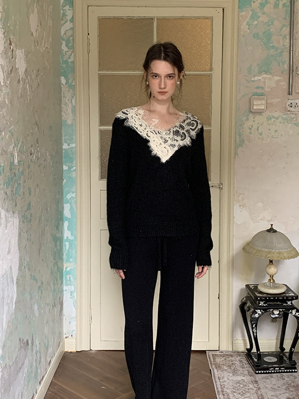 Lace Trim Cozy Wool Blend Sweater