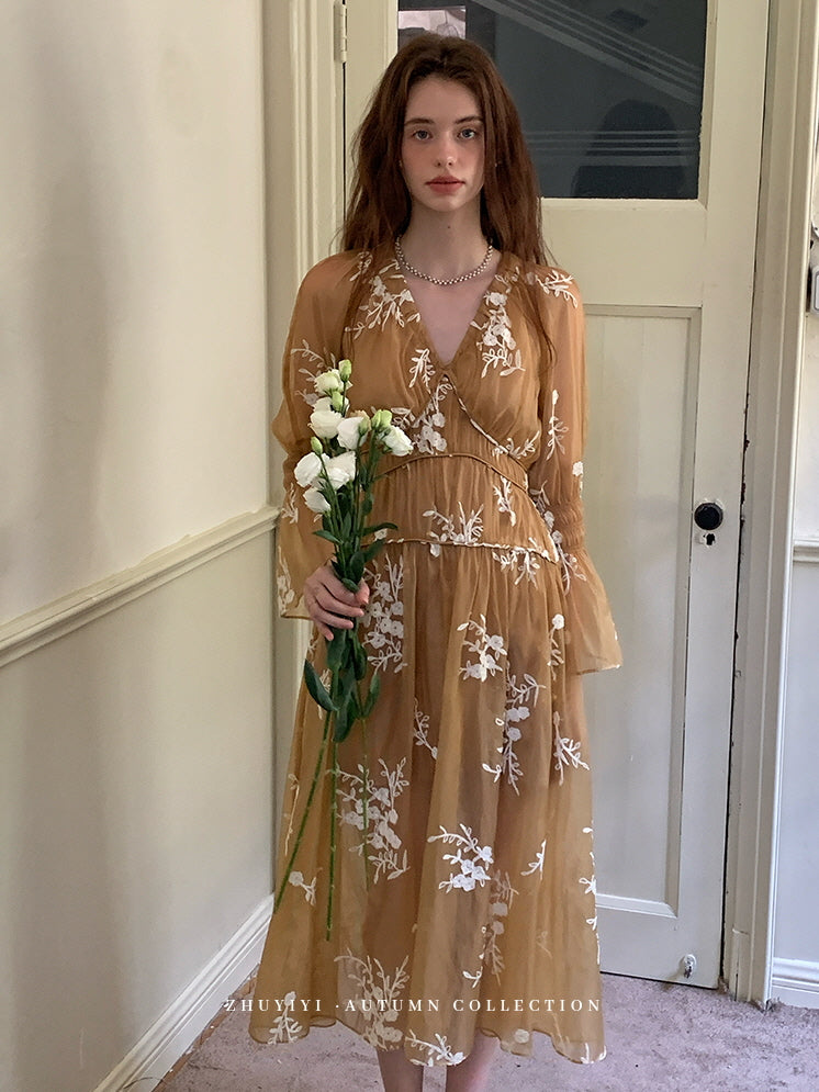 Golden Bloom Embroidered Sheer Dress
