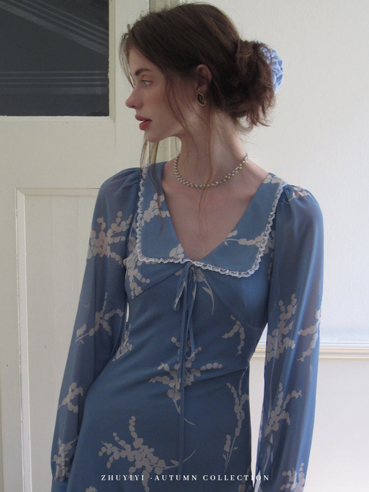 Blue Floral Retro Maxi Dress