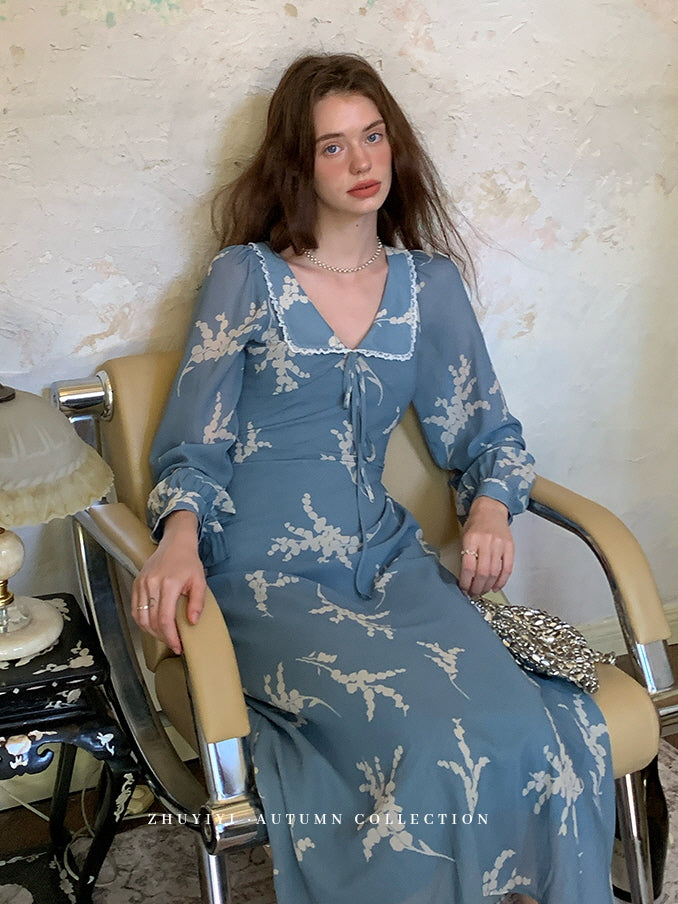 Blue Floral Retro Maxi Dress