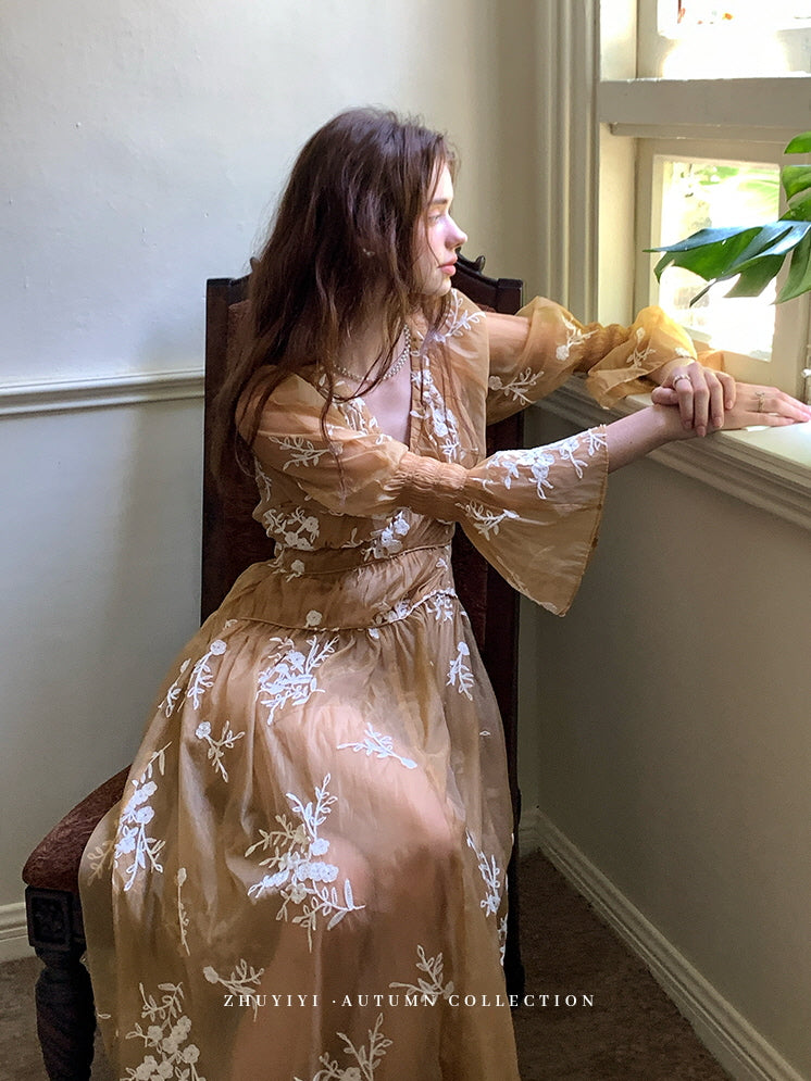 Golden Bloom Embroidered Sheer Dress