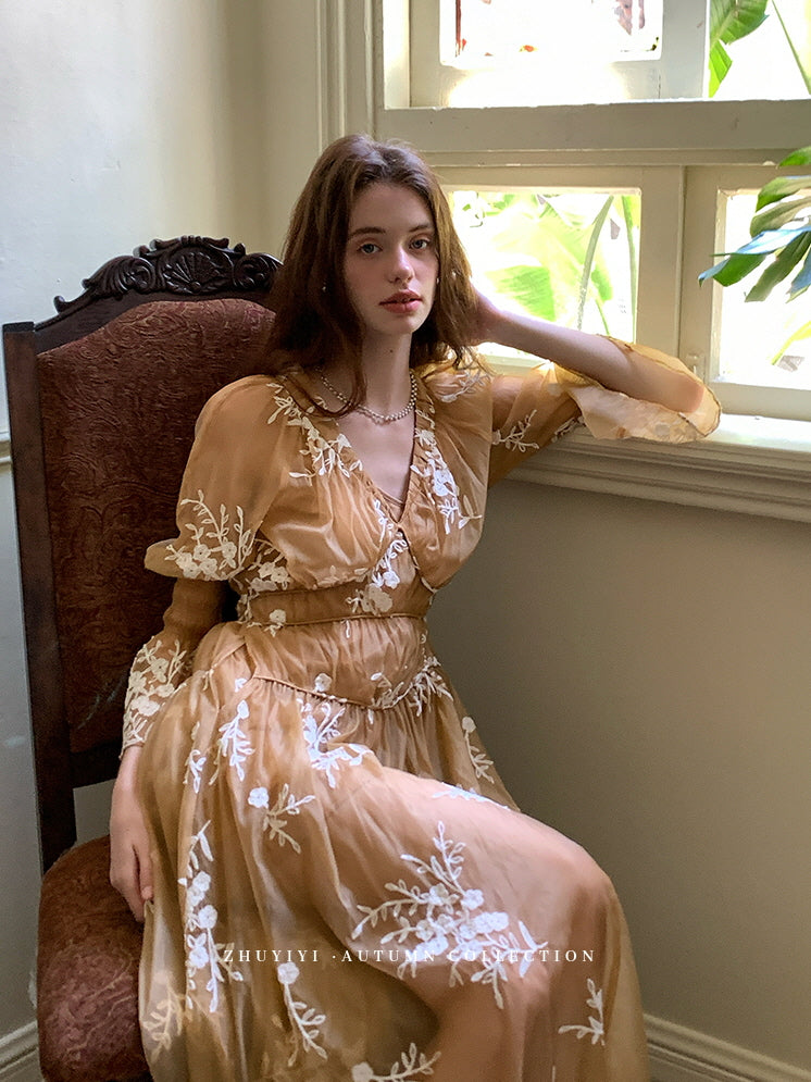 Golden Bloom Embroidered Sheer Dress