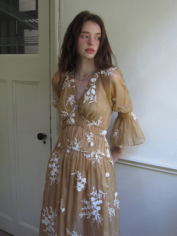 Golden Bloom Embroidered Sheer Dress