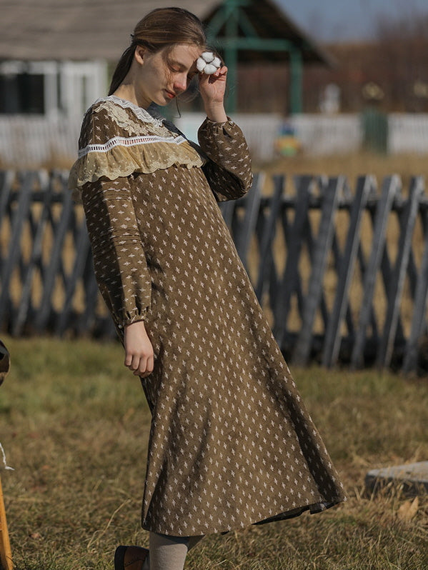 Vintage Floral Brown Corduroy Dress