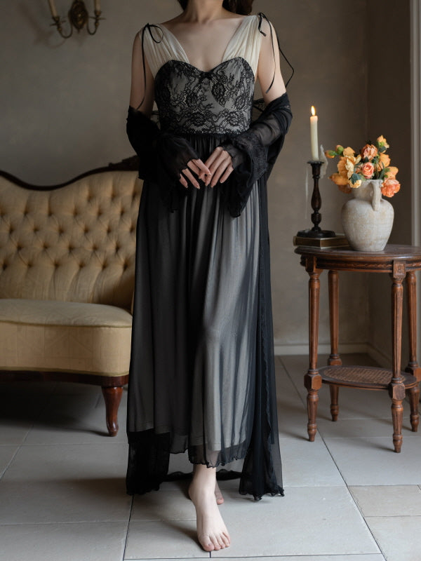 Sheer Robe Black Lace Nightgown Set – Vintage Aesthetic Outfit
