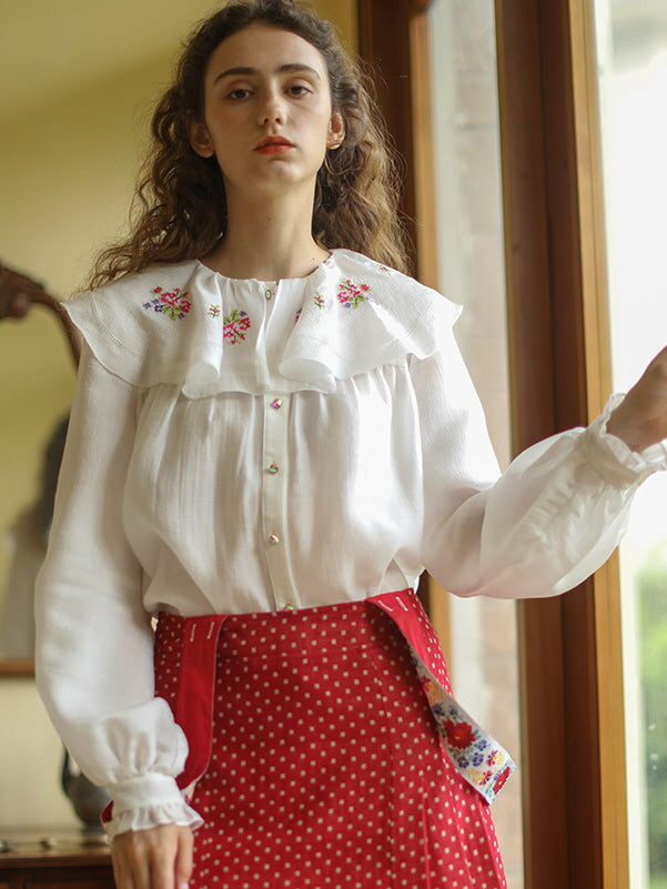 White Cottagecore Floral Ruffle Blouse