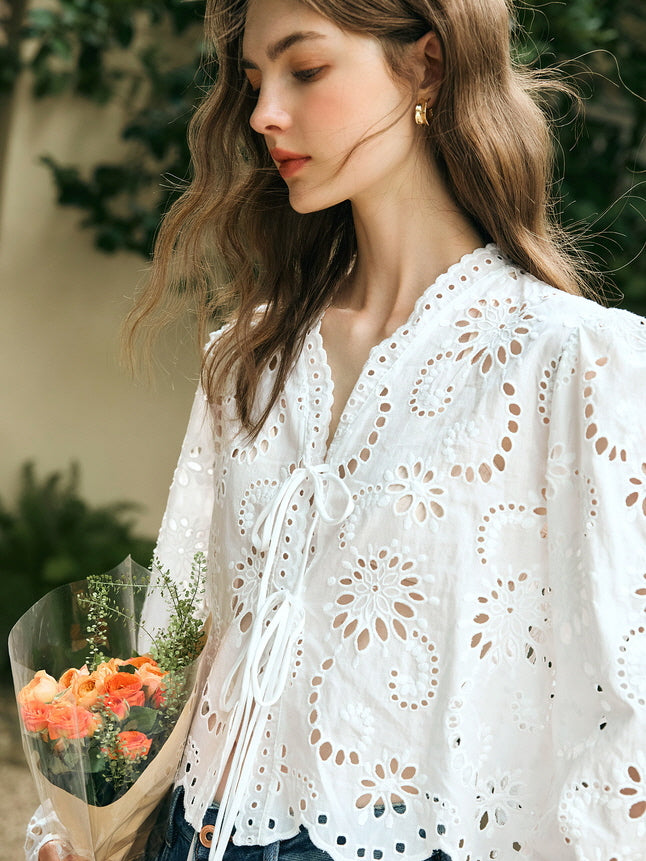 Floral Eyelet Lace Tie-Front Blouse