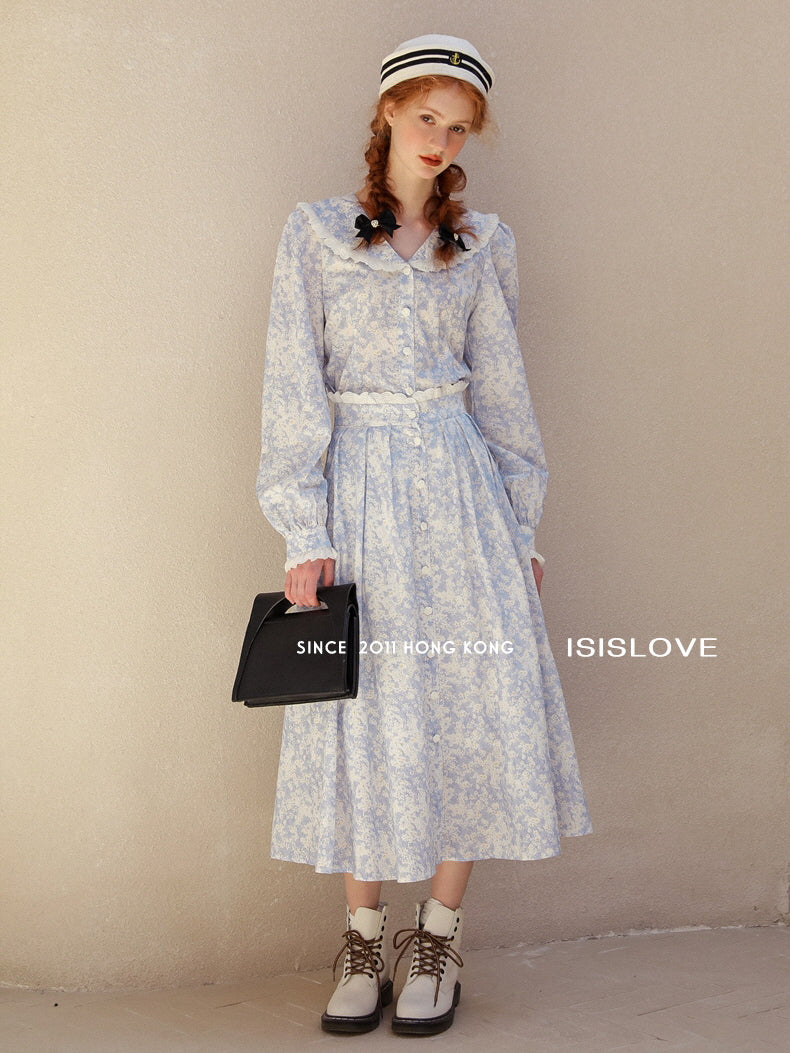 Vintage Blue Floral Lace Trim Blouse