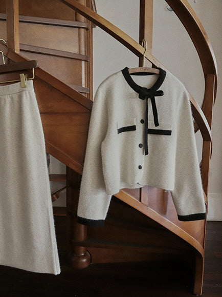 Elegant Wool Blend Ribbon Trim Knit Cardigan
