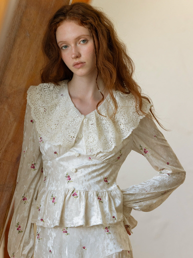 Vintage Floral Velvet Peplum Top