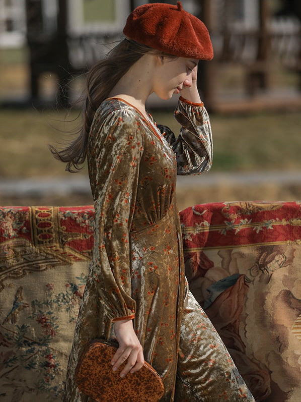 Elegant Autumn Vintage Velvet Floral Dress