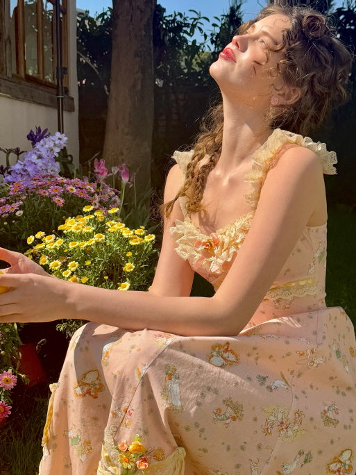 Romantic floral lace dress with delicate ruffle straps, as a young woman basks in the warm sunlight, surrounded by vibrant garden flowers, evoking a dreamy cottagecore aesthetic.