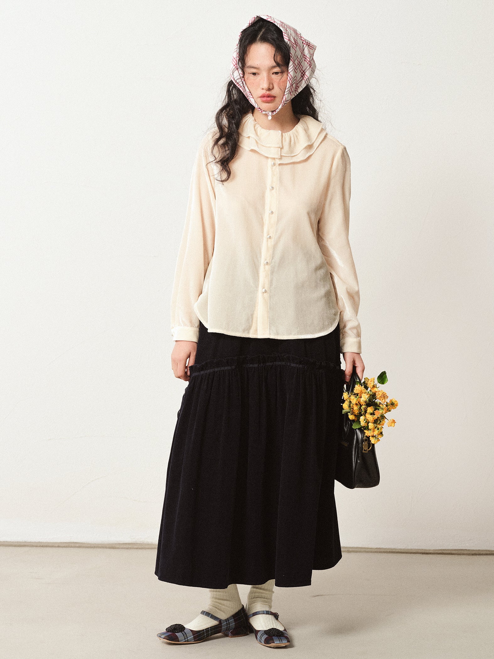 Vintage Velvet Blouse with Frilled Floral Collar