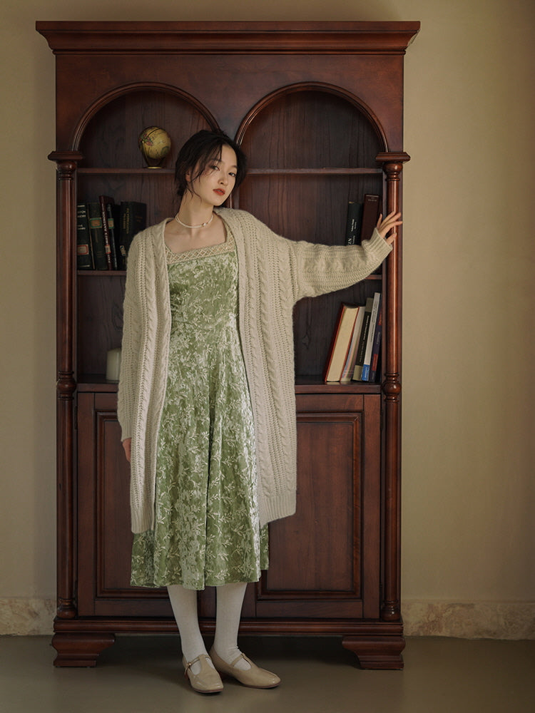 Vintage Green Velvet Embroidered Dress