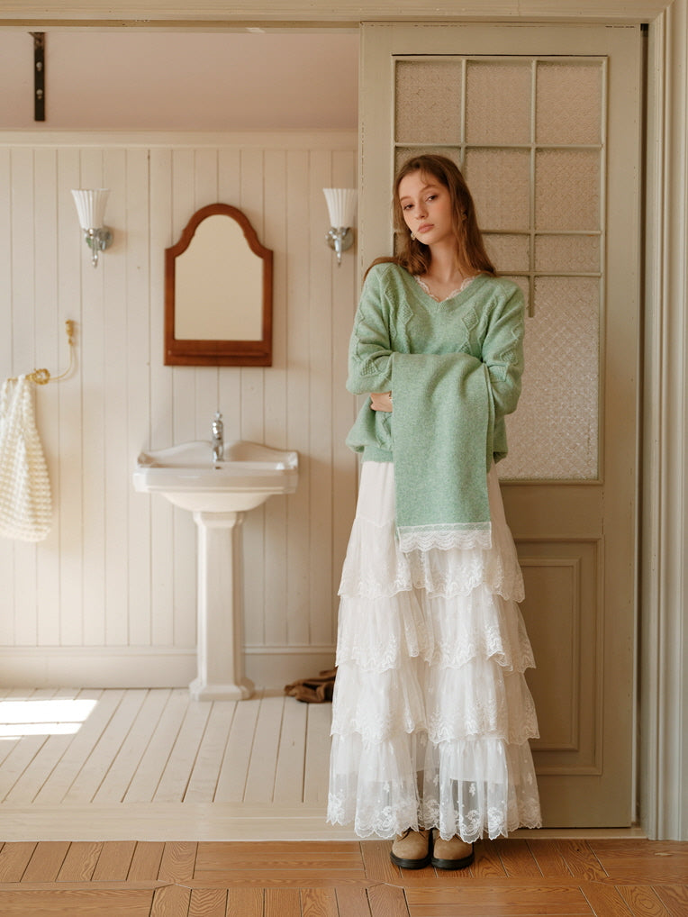 Pastel Lace-Trim Knit Sweater & Scarf