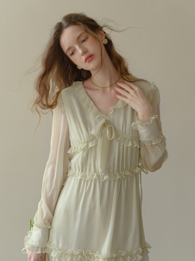 Soft Cream Ruffle Tiered Sheer Dress