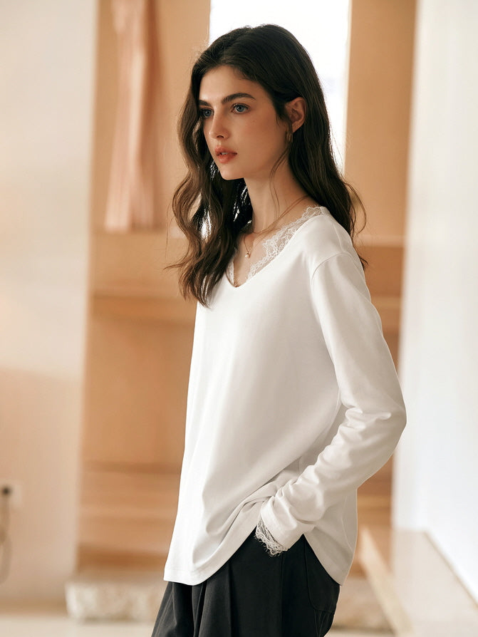 Lace Trim Soft Cotton Long Sleeve Top