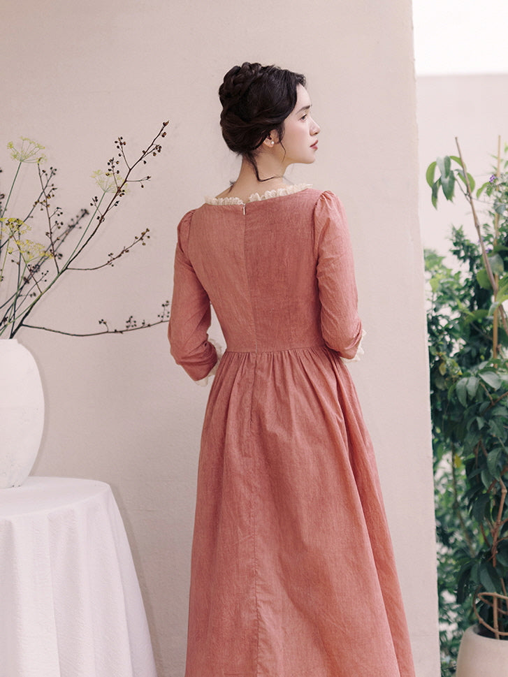 Retro Lace-Trimmed Cotton Dress