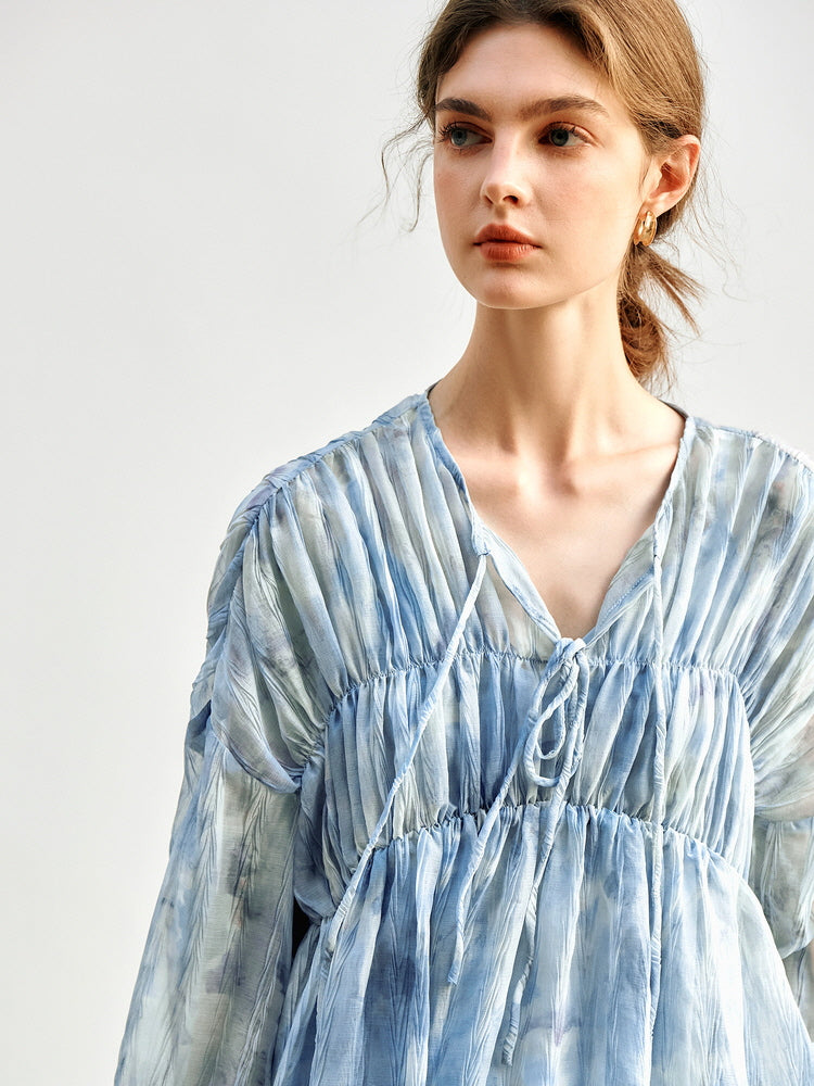 Cloudy Sky Sheer Pleated Blouse