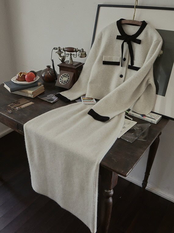 Elegant Wool Blend Ribbon Trim Knit Cardigan