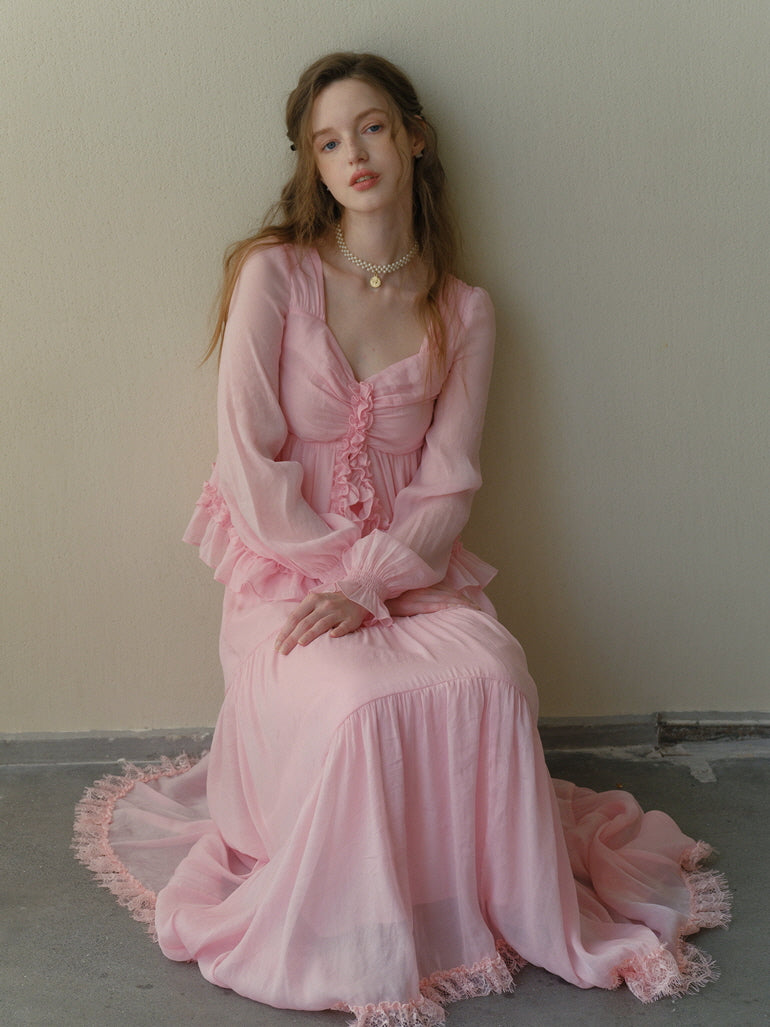 Rosy Frill Long Sleeve Top & Tiered Lace Skirt