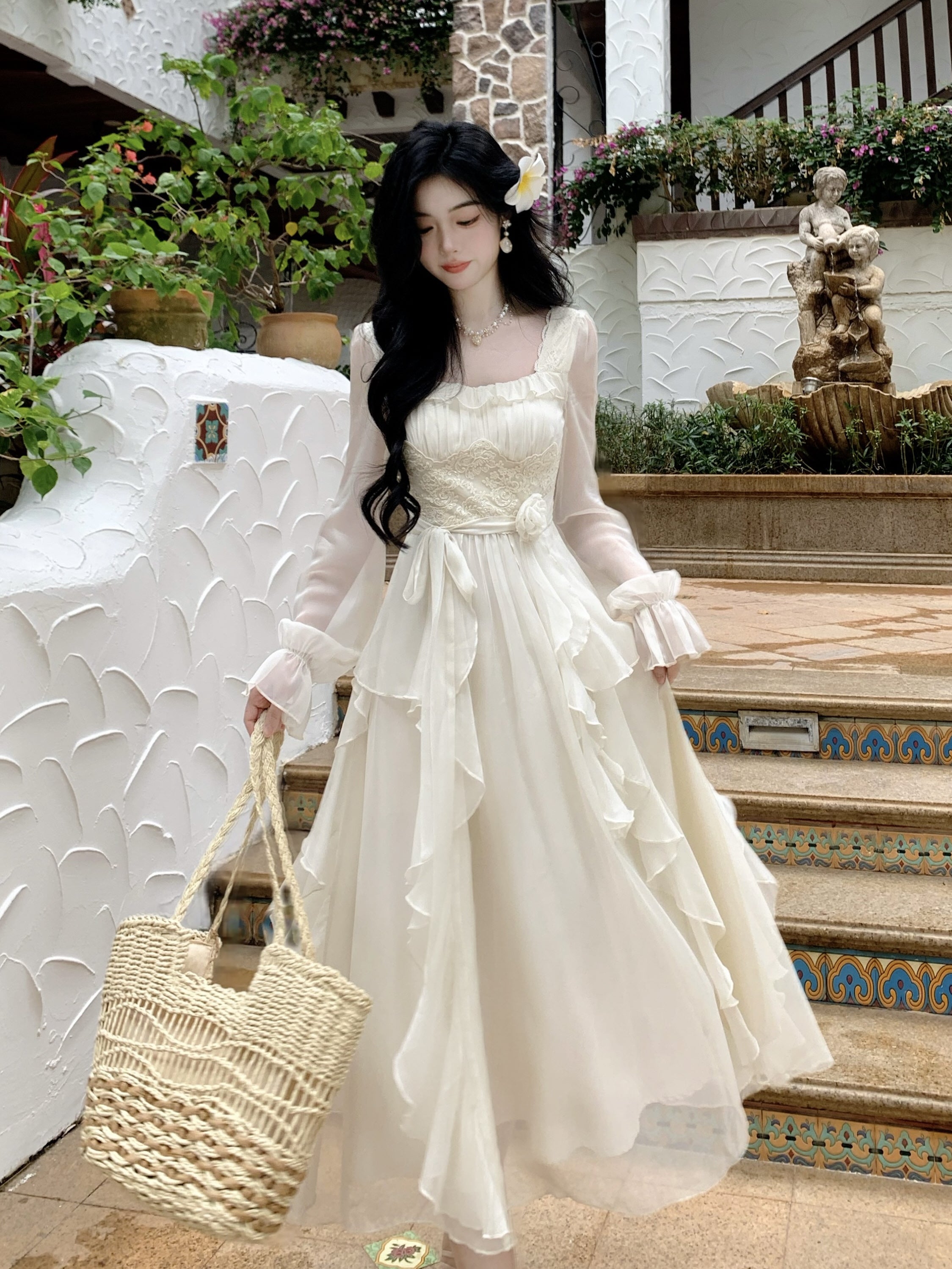 Vintage Ivory Chiffon Ruffle Dress