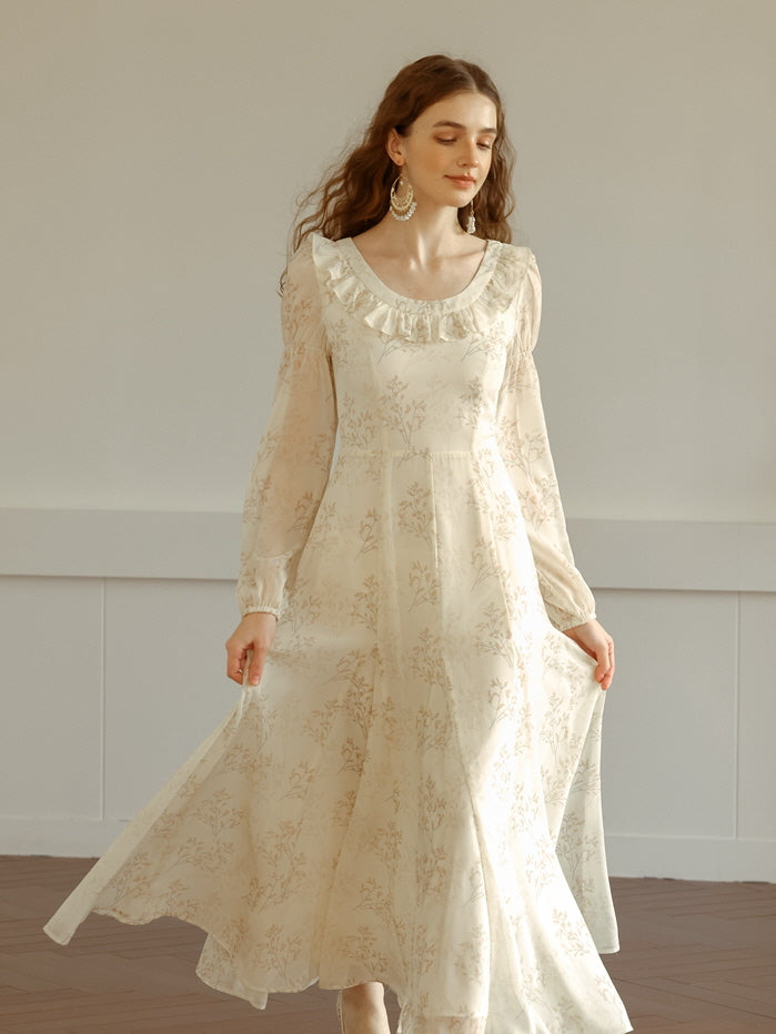 vintage floral long sleeve dress Princess Fairy Floral Dress | Ruffle Neckline & Long Sleeves