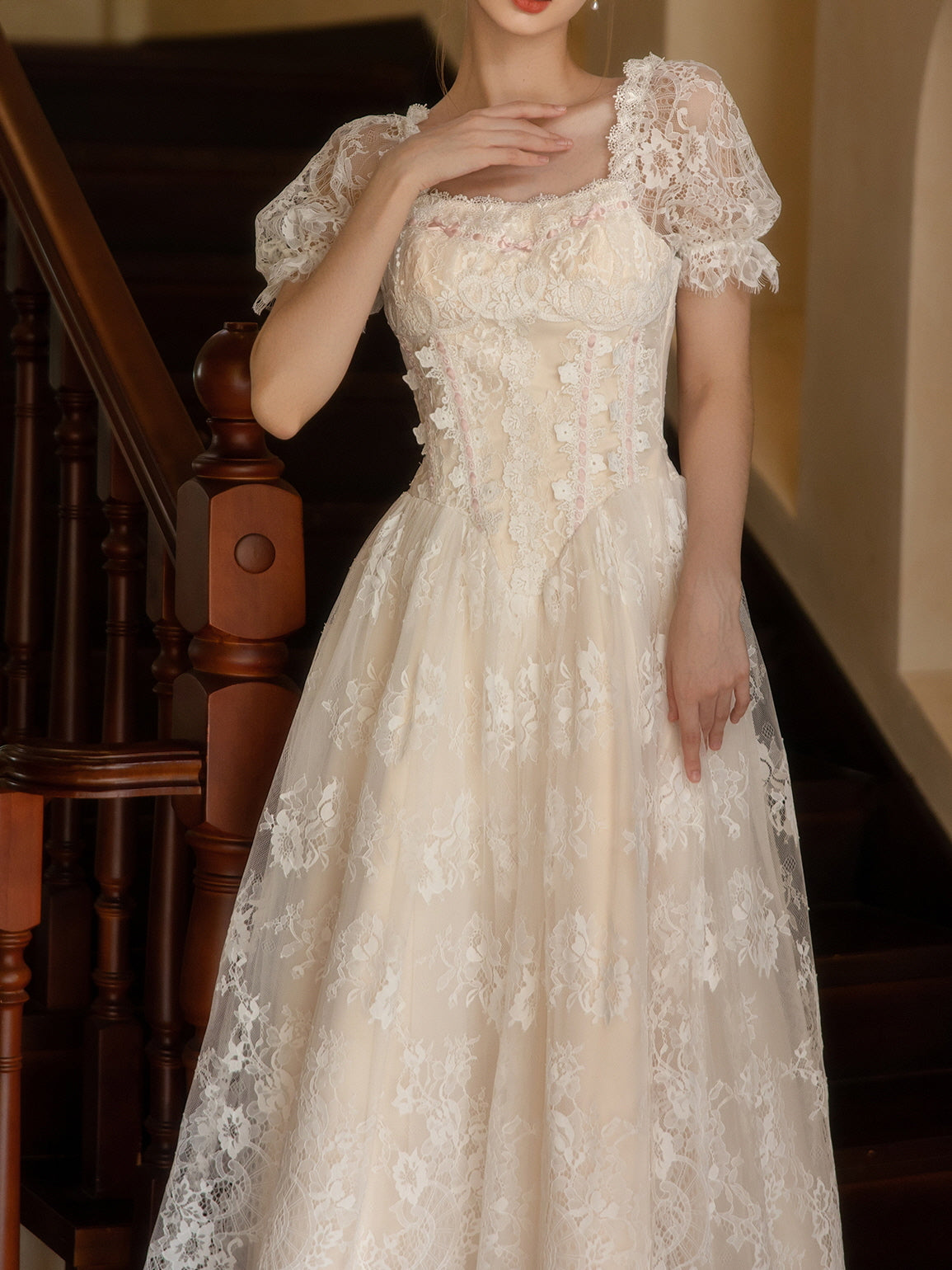 Soft Ivory Vintage Lace Princess Gown