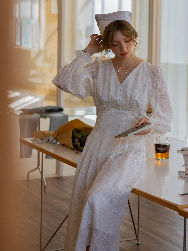 White Embroidered Dress Long Sleeves | Vintage French Aesthetic Outfit White / S White Embroidered Dress Long Sleeves | Vintage French Aesthetic Outfit White / S