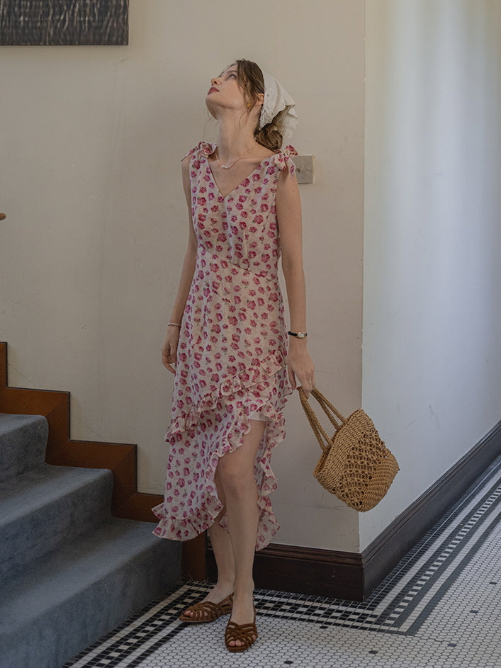 Romantic Rose Garden Ruffled Wrap Dress