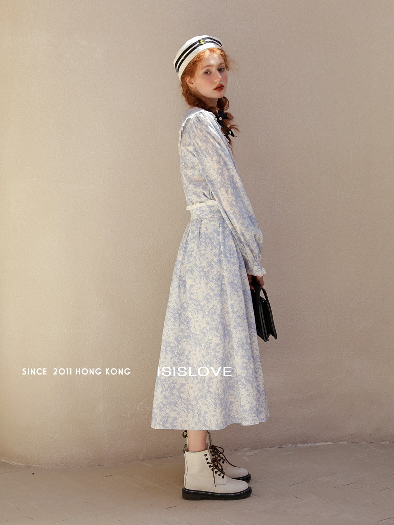 Vintage Blue Floral Lace Trim Blouse