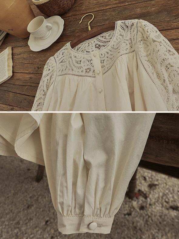 Romantic Lace Yoke Cotton Blouse