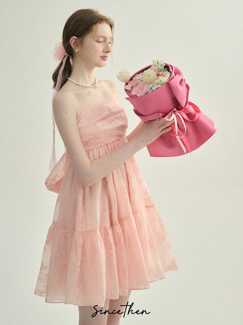 Blush Petal Ruffle Back Bow Dress