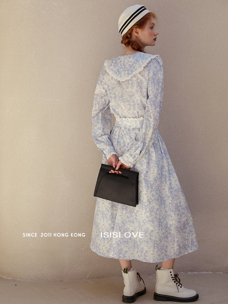 Vintage Blue Floral Lace Trim Blouse