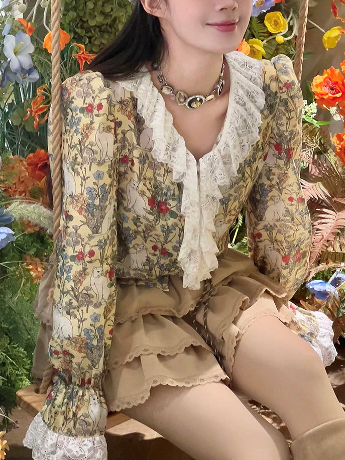 Enchanted Garden Cat Lace Blouse