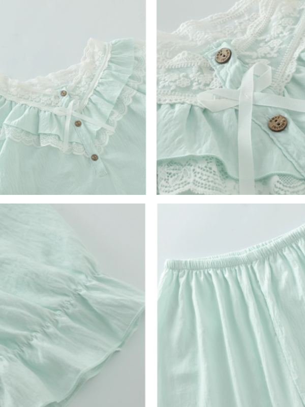 Mint Ruffle Lace Cottagecore Pajama Set