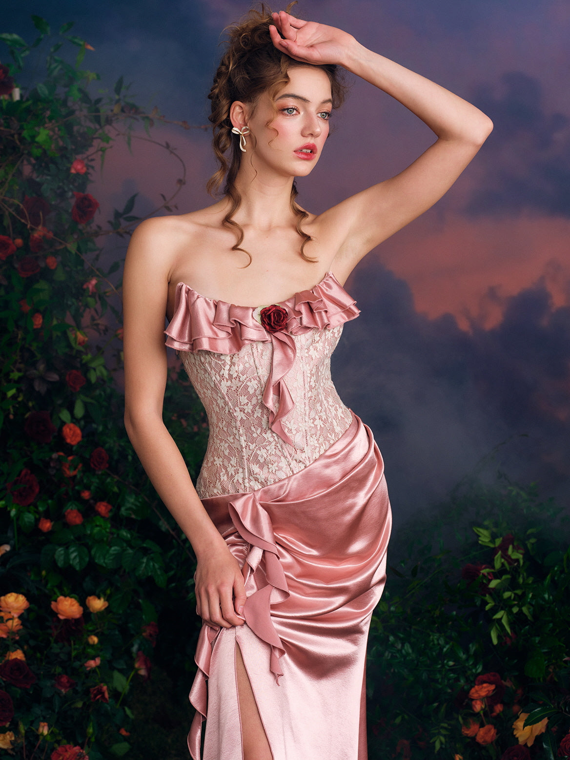 Rosette Corset Satin Rose Gown