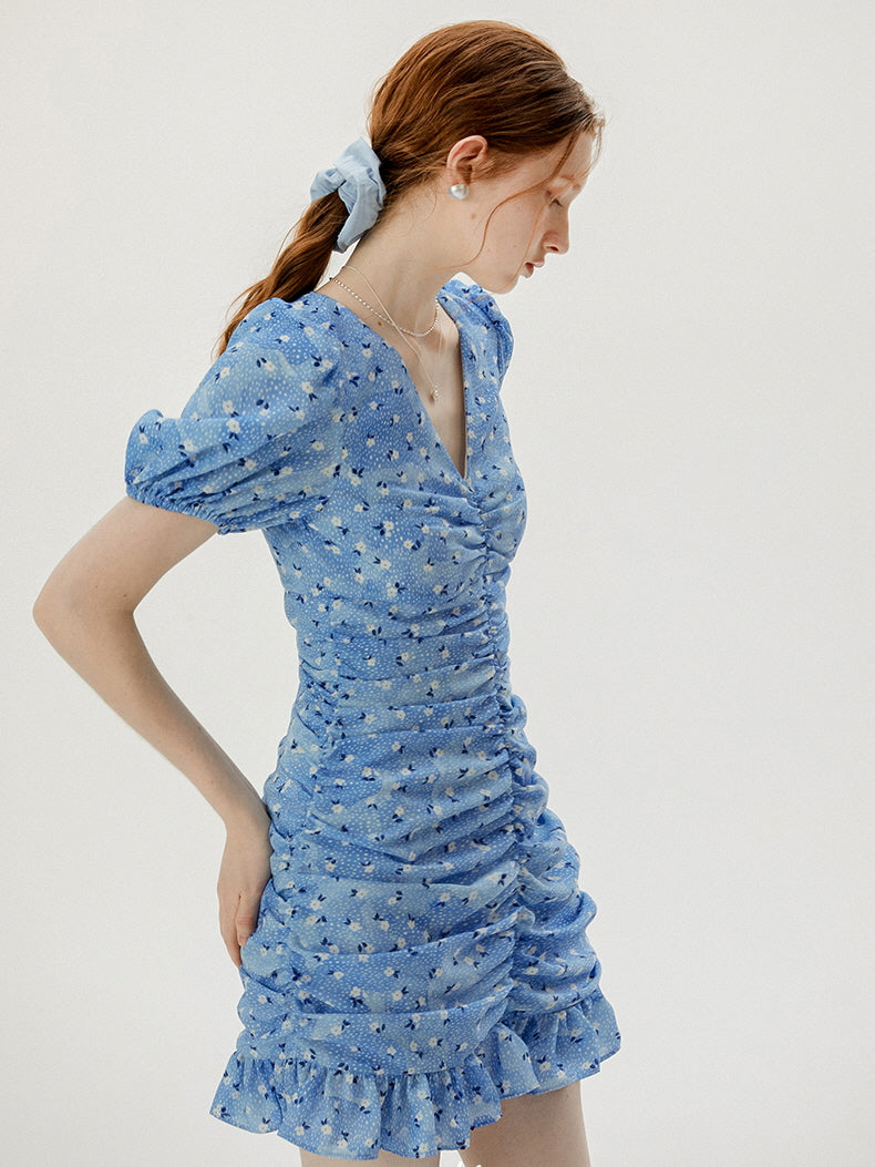 Ruched Floral Puff Sleeve Blue Mini Dress