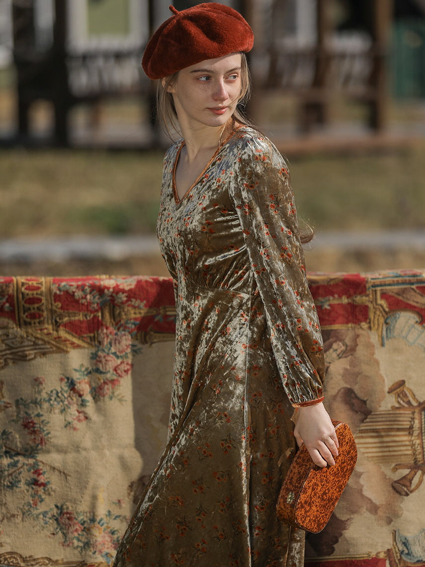 Elegant Autumn Vintage Velvet Floral Dress