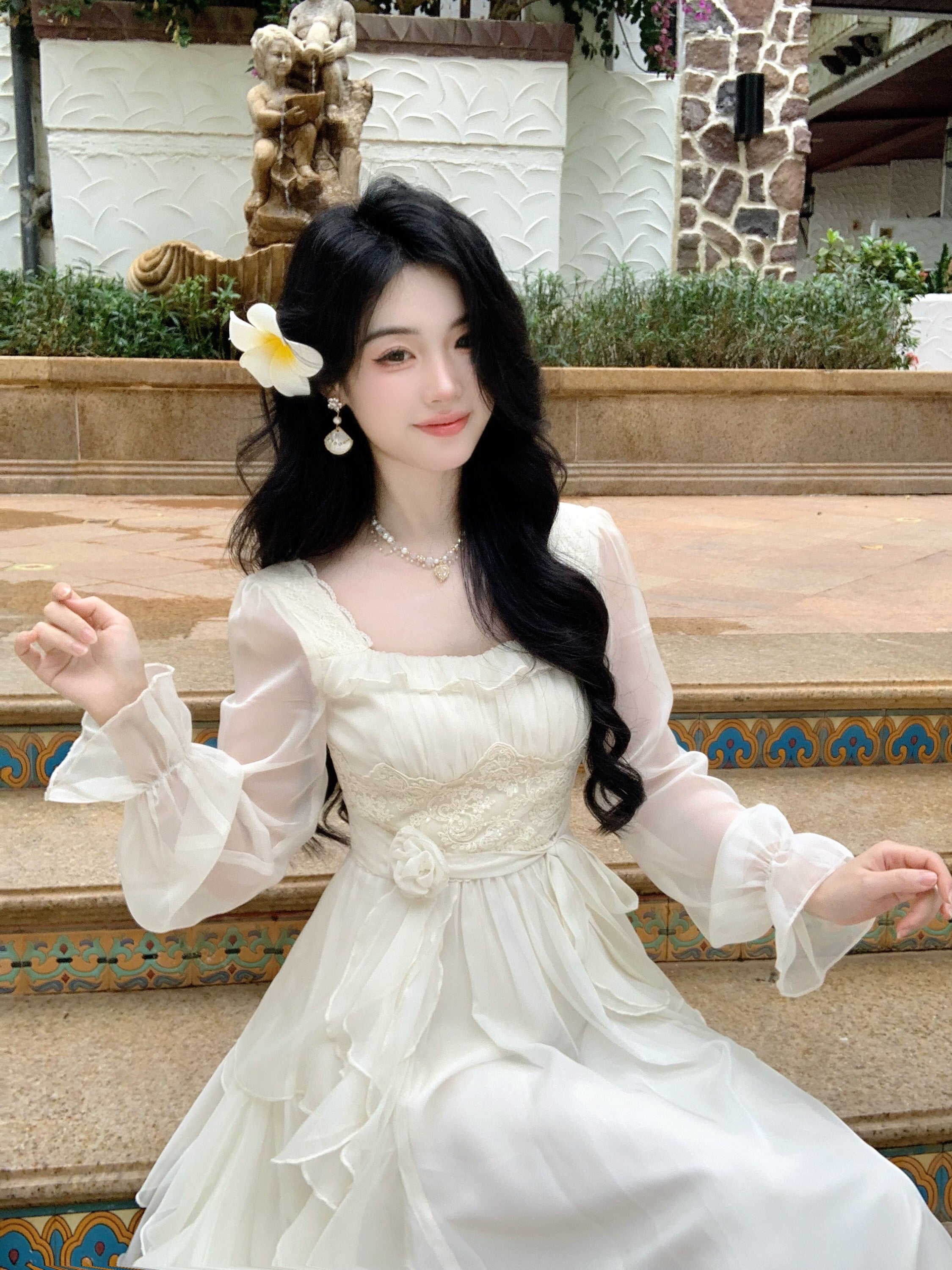 Vintage Ivory Chiffon Ruffle Dress