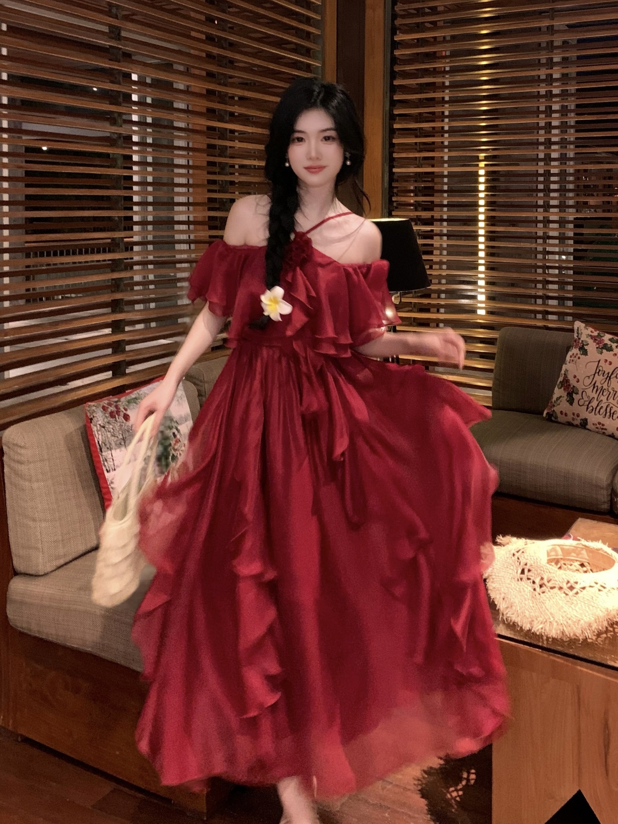 Scarlet Ruffle Off-Shoulder Chiffon Dress