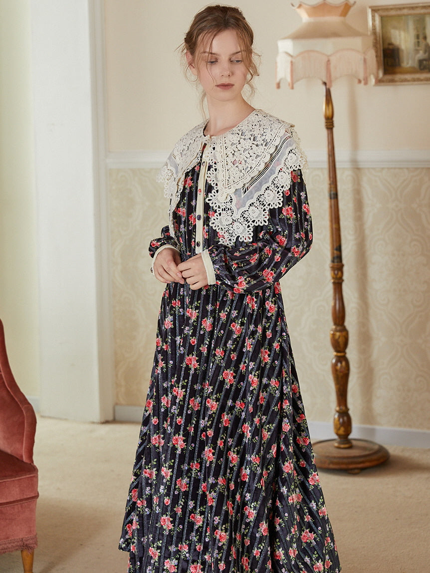 Velvet Rose Lace Collar Cottagecore Dress