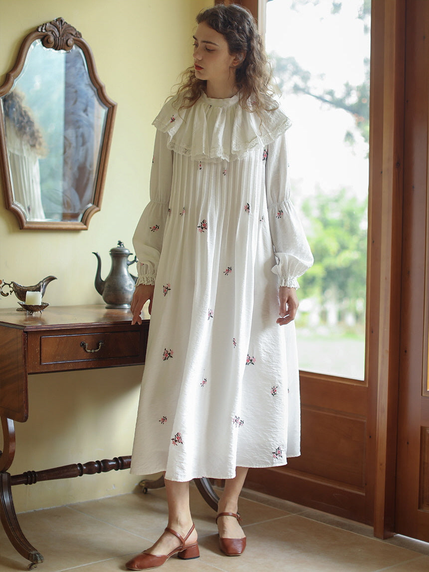 Floral Embroidery Vintage Ruffled Cotton Dress